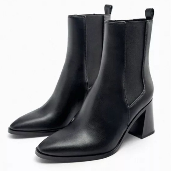 Zara Geometric Heel Pointed Ankle Boot Black - Picture 1 of 13